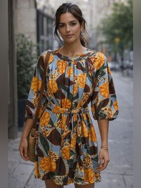 Weekend Max Mara Blue, Orange & Brown Floral Tie-Waist Dress BNWOT